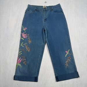 24 Karat Womens Floral Embroidered Sequin Crop Jeans Blue Size 8 Vintage Style